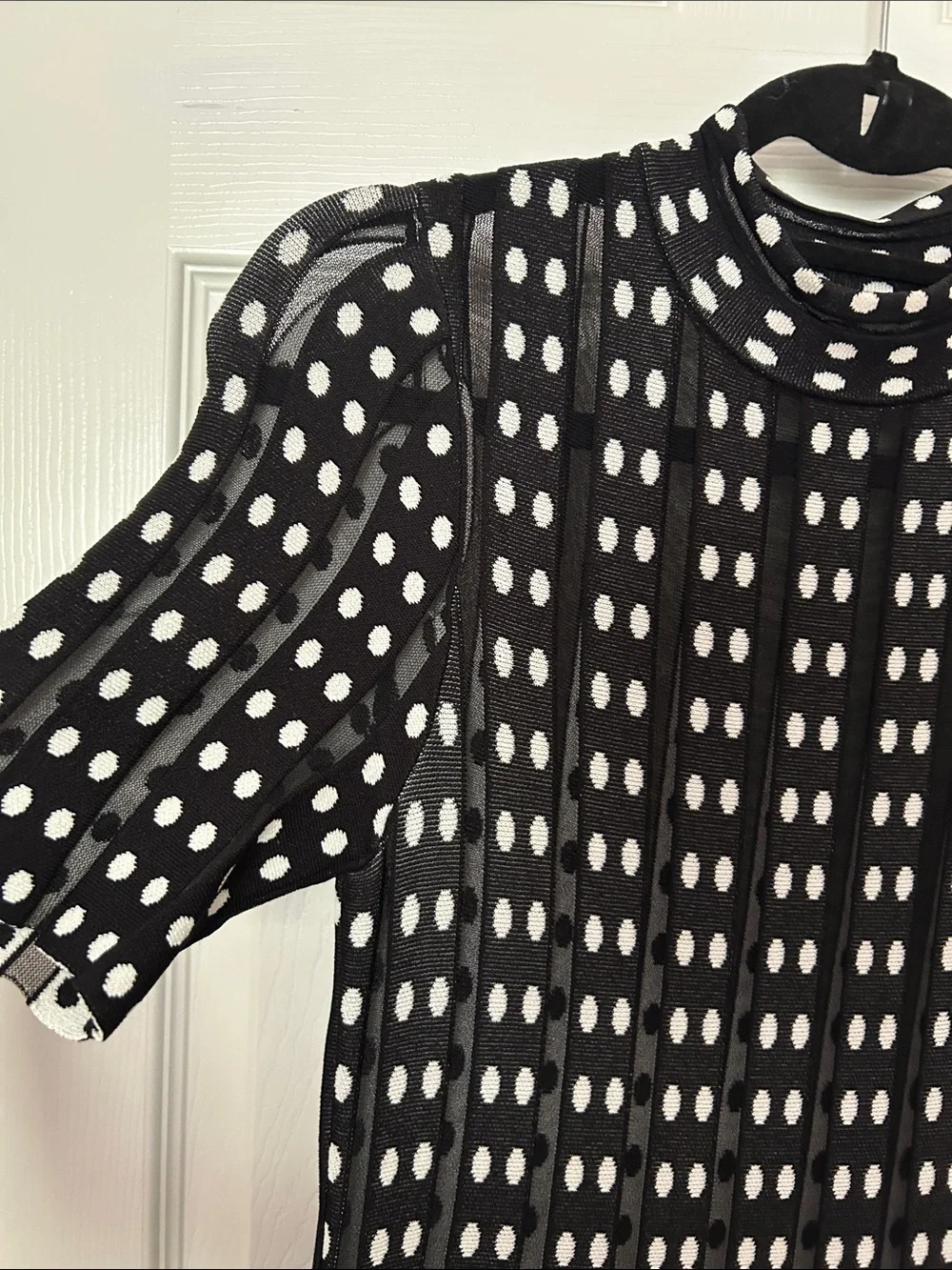 Karen Millen Shear Knit Black and White Polka Dot Pleated Leather Midi Dress